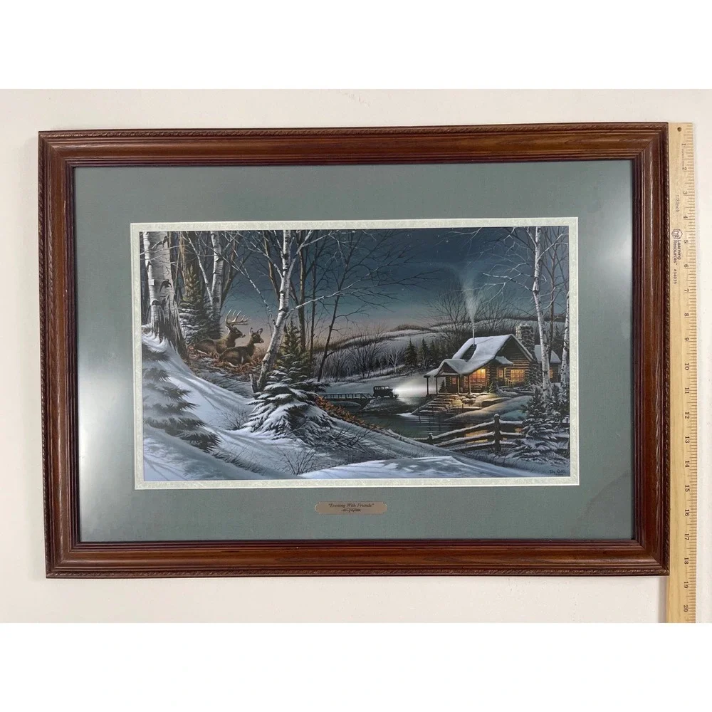 Terry Redlin Evening With Friends Framed Art Print 1989 Winter Cabin Deer Scene - Picture 3 of 8